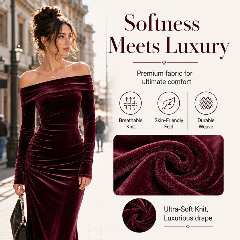 Women's Off-The-Shoulder Ruched Velvet Maxi Dress