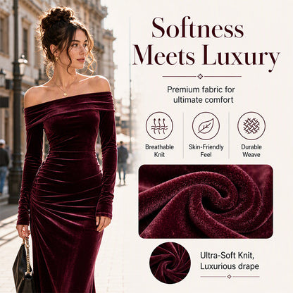 Women's Off-The-Shoulder Ruched Velvet Maxi Dress