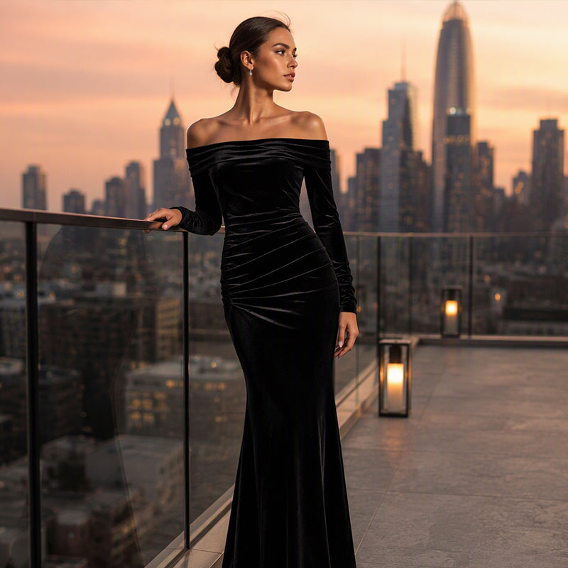 Women's Off-The-Shoulder Ruched Velvet Maxi Dress