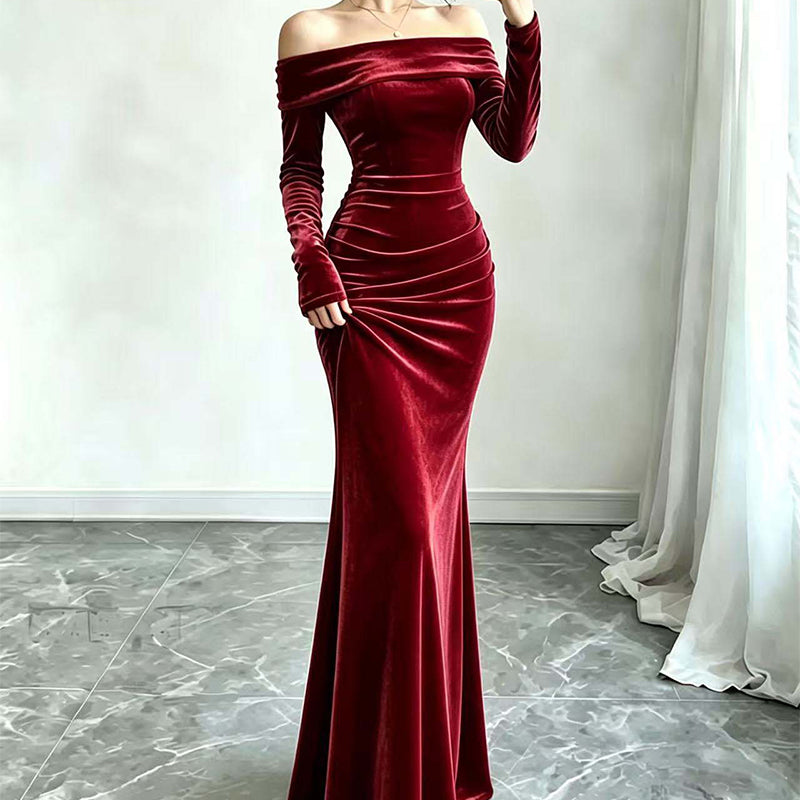 Women's Off-The-Shoulder Ruched Velvet Maxi Dress