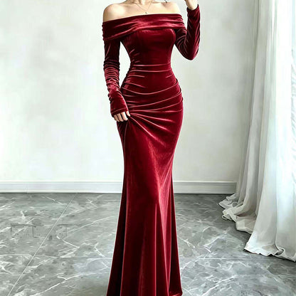 Women's Off-The-Shoulder Ruched Velvet Maxi Dress