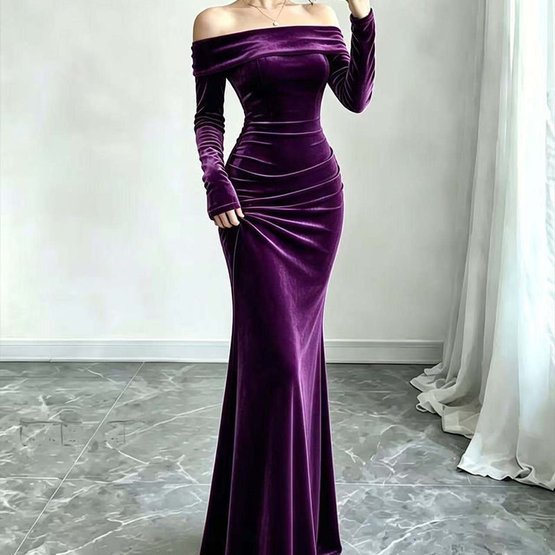 Women's Off-The-Shoulder Ruched Velvet Maxi Dress