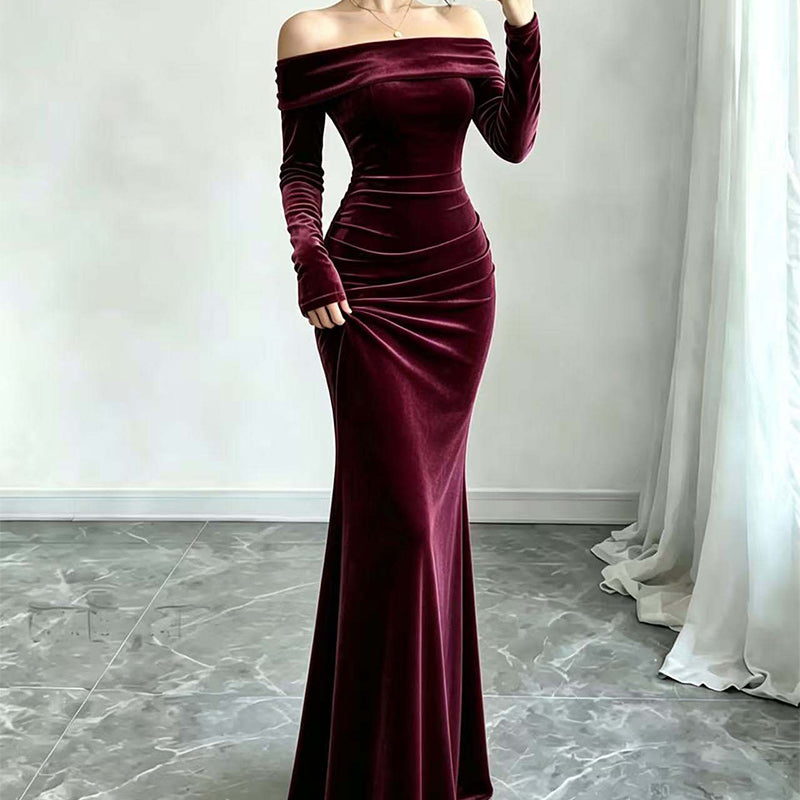 Women's Off-The-Shoulder Ruched Velvet Maxi Dress
