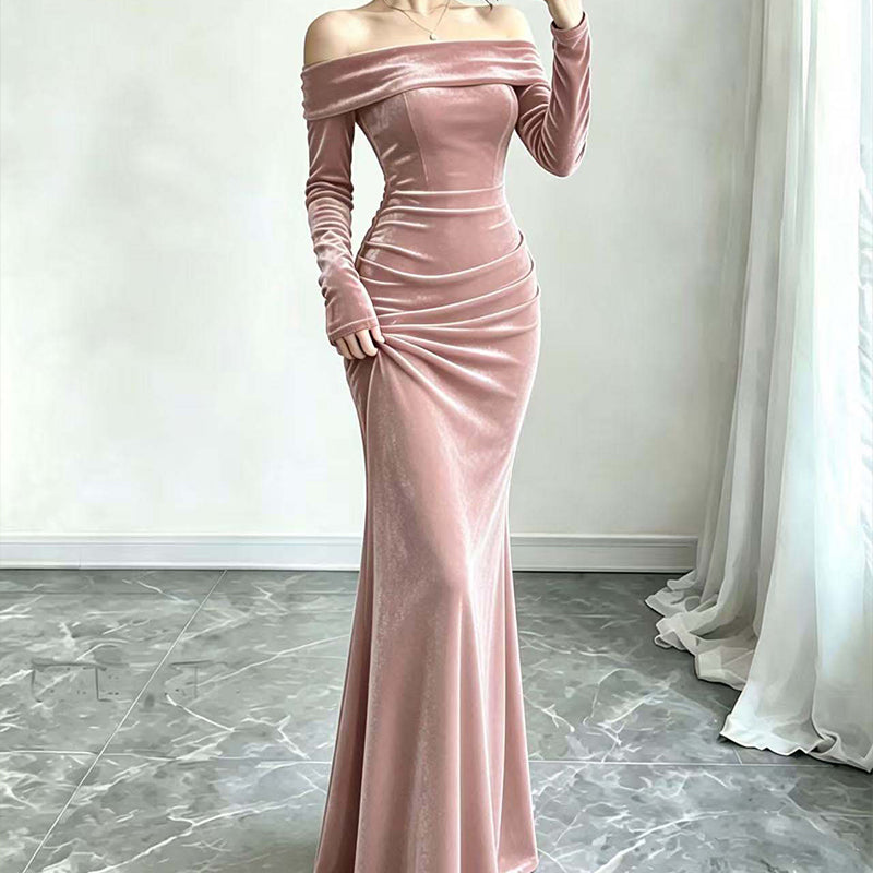 Women's Off-The-Shoulder Ruched Velvet Maxi Dress