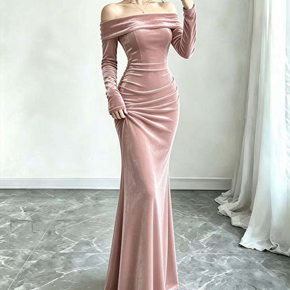 Women's Off-The-Shoulder Ruched Velvet Maxi Dress