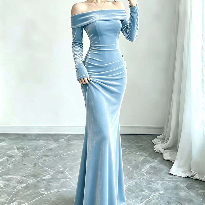 Women's Off-The-Shoulder Ruched Velvet Maxi Dress