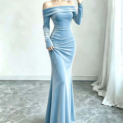 Women's Off-The-Shoulder Ruched Velvet Maxi Dress