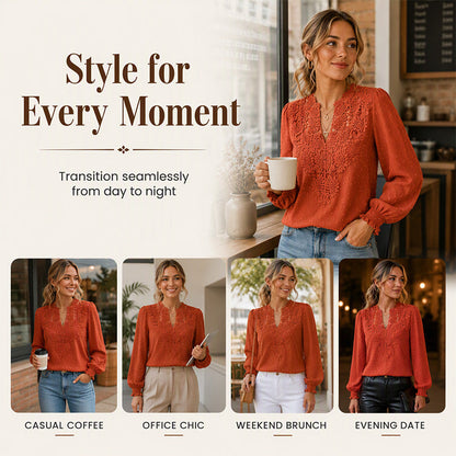 Women's Lace V-Neck Long Sleeve Top