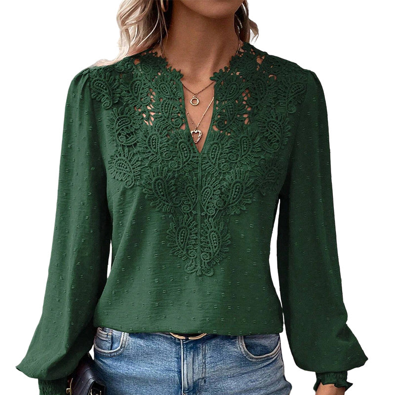 Women's Lace V-Neck Long Sleeve Top