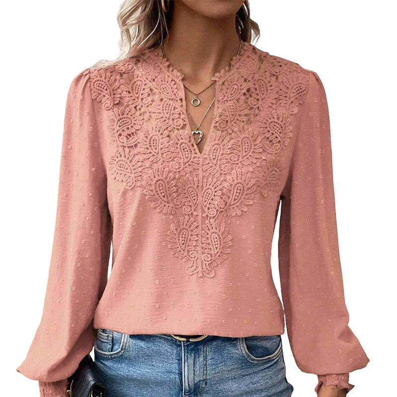 Women's Lace V-Neck Long Sleeve Top