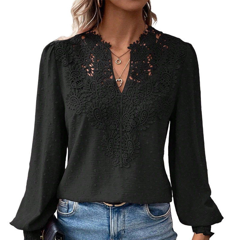 Women's Lace V-Neck Long Sleeve Top
