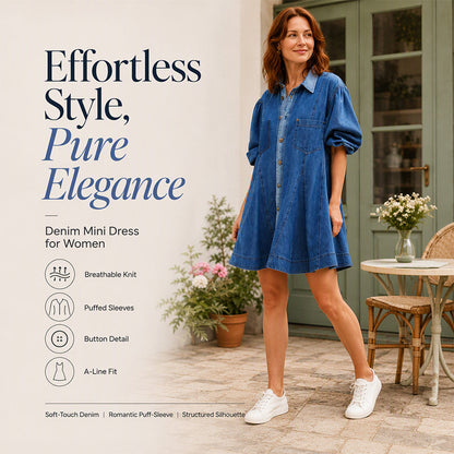 Women's Lantern Sleeve Button-Down Denim Dress