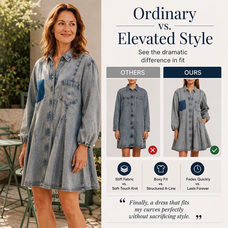 Women's Lantern Sleeve Button-Down Denim Dress