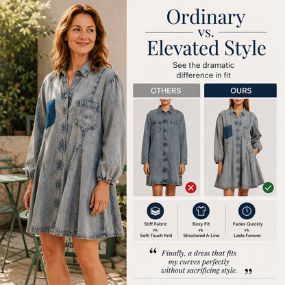 Women's Lantern Sleeve Button-Down Denim Dress