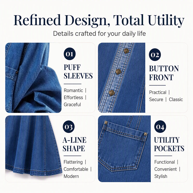 Women's Lantern Sleeve Button-Down Denim Dress