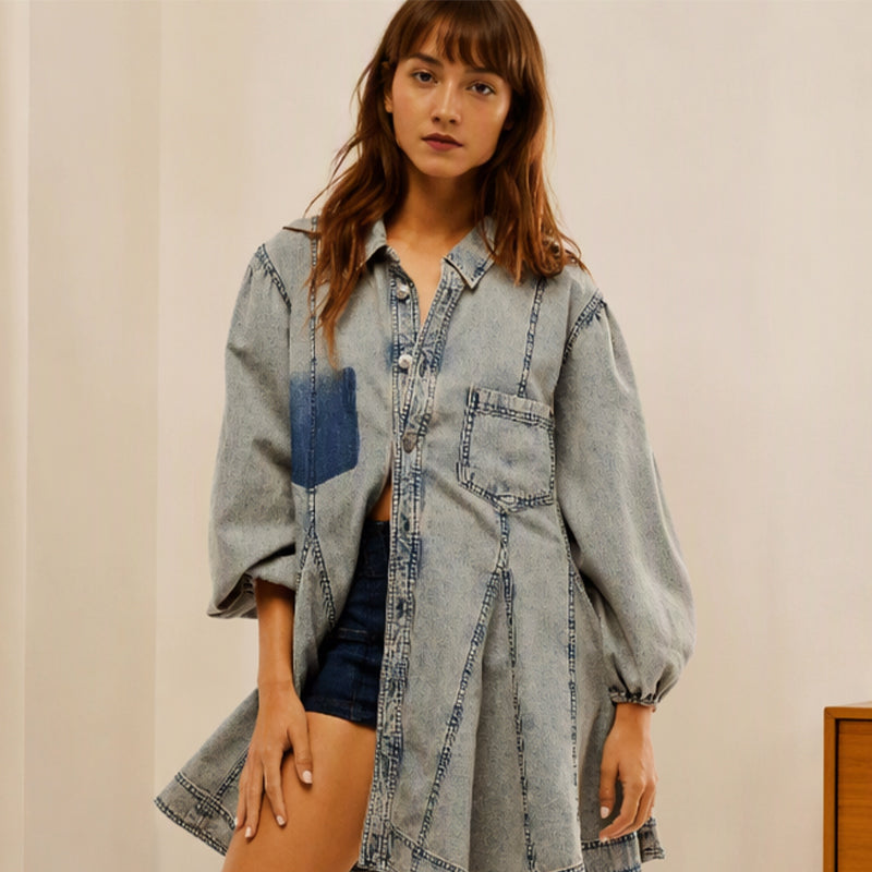 Women's Lantern Sleeve Button-Down Denim Dress