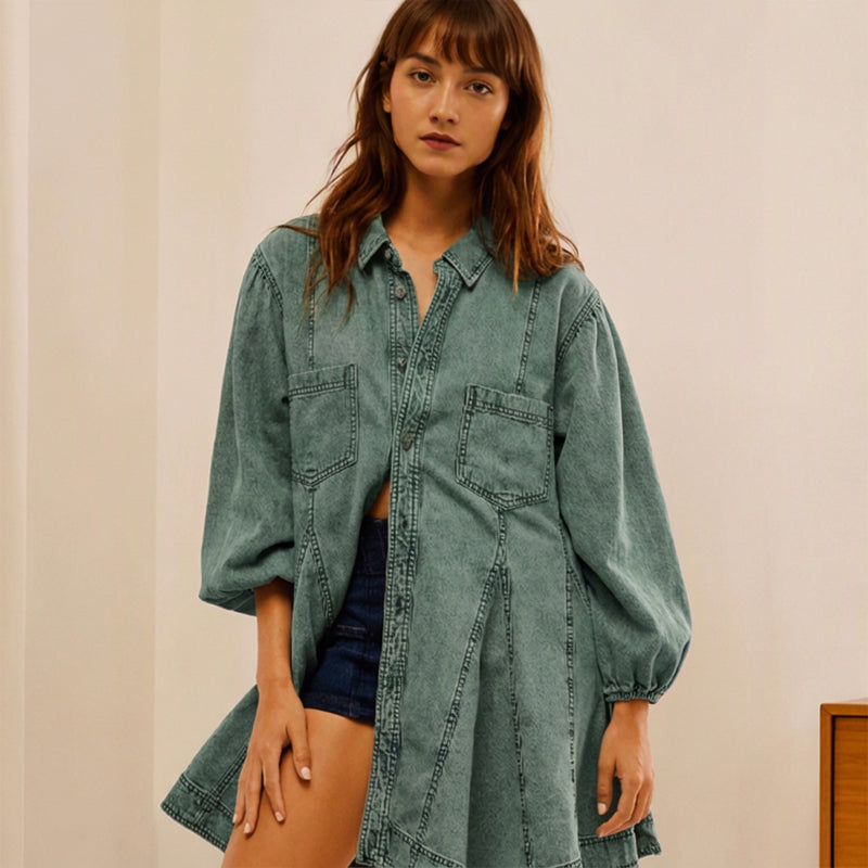 Women's Lantern Sleeve Button-Down Denim Dress