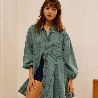 Women's Lantern Sleeve Button-Down Denim Dress