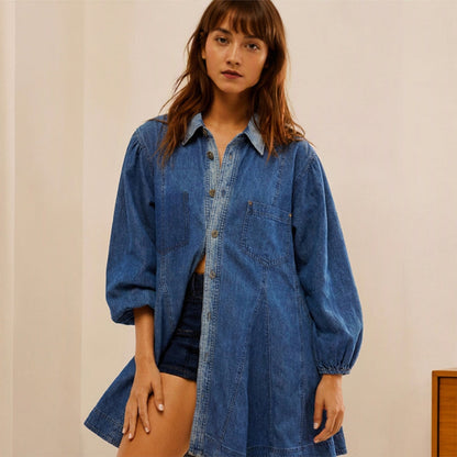 Women's Lantern Sleeve Button-Down Denim Dress
