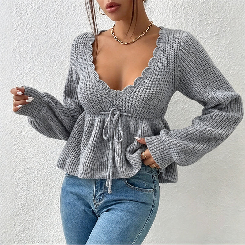Women's Sexy V-Neck Drawstring Knit Sweater