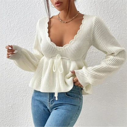Women's Sexy V-Neck Drawstring Knit Sweater