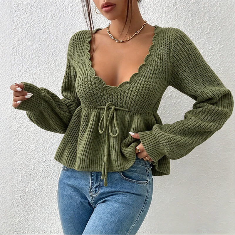 Women's Sexy V-Neck Drawstring Knit Sweater