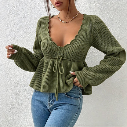 Women's Sexy V-Neck Drawstring Knit Sweater