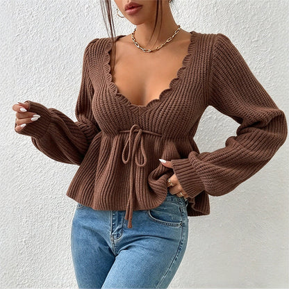 Women's Sexy V-Neck Drawstring Knit Sweater