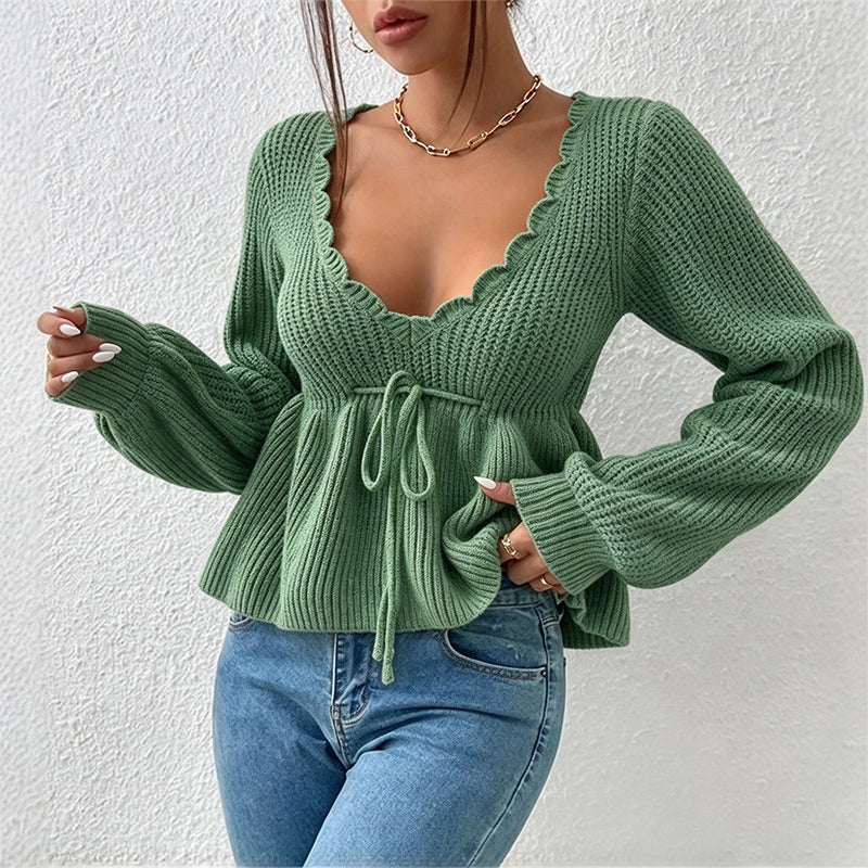 Women's Sexy V-Neck Drawstring Knit Sweater