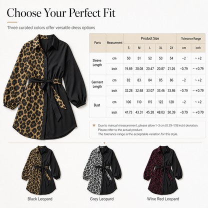 🖤Black Friday Sale:50% OFF🖤 🐆Women's Leopard Print Contrast Patchwork Long Sleeve Shirt Mini Dress with Belt
