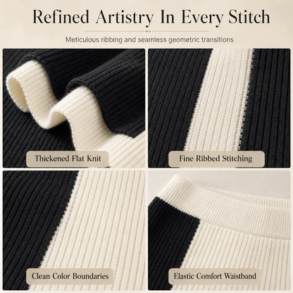 Women's Autumn Winter Color Block Knit 2-Piece Set Thickened Pullover Sweater and Skirt