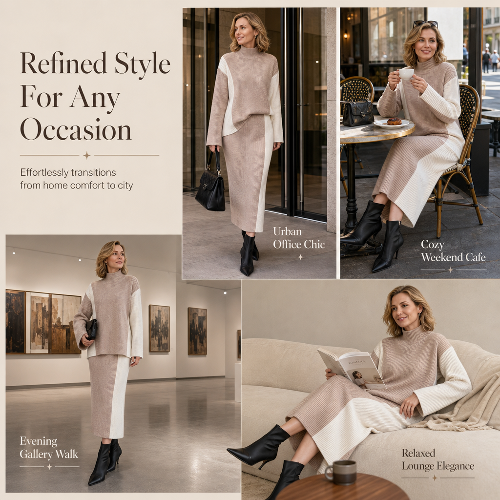 Women's Autumn Winter Color Block Knit 2-Piece Set Thickened Pullover Sweater and Skirt