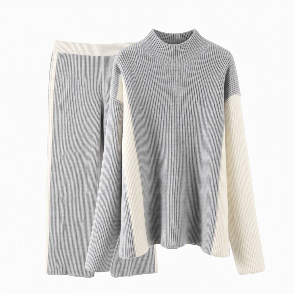 Women's Autumn Winter Color Block Knit 2-Piece Set Thickened Pullover Sweater and Skirt