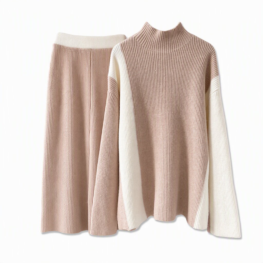 Women's Autumn Winter Color Block Knit 2-Piece Set Thickened Pullover Sweater and Skirt