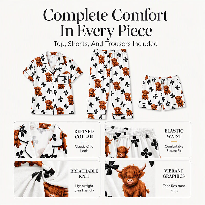 Women's Highland Cow Print 3-Piece Pajama Set