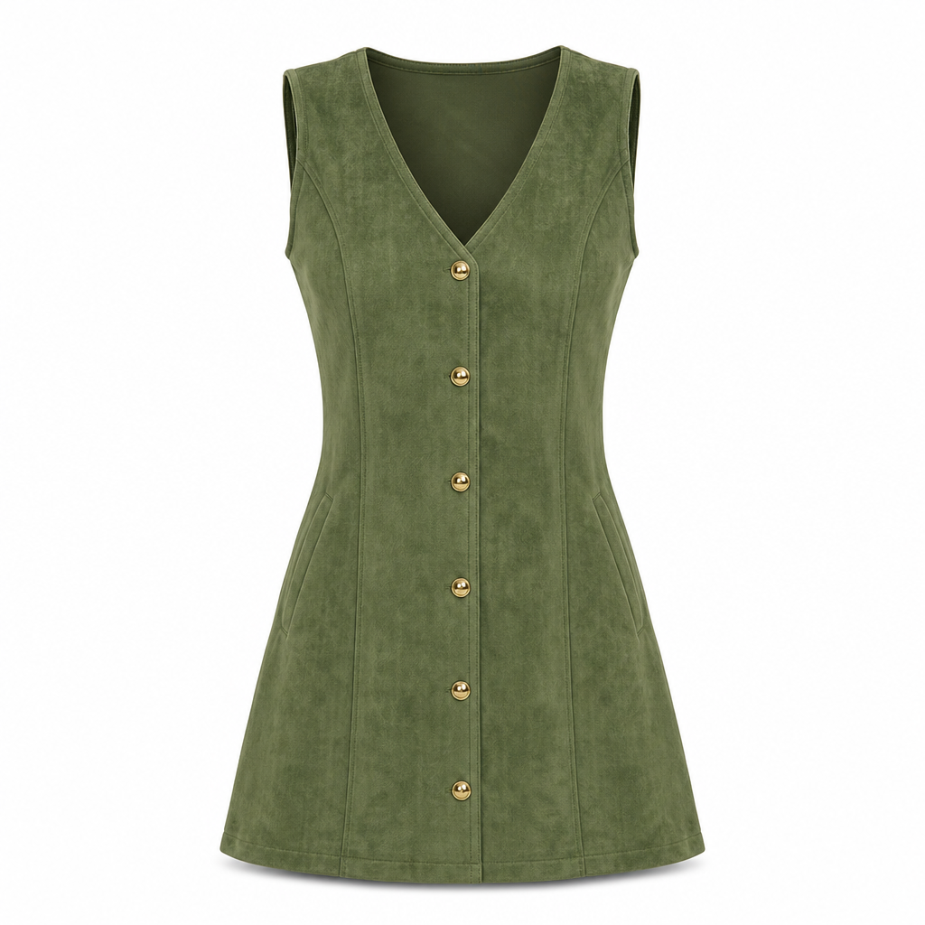 Classic Faux Suede V Neck Button Front Sleeveless Pinafore Dress