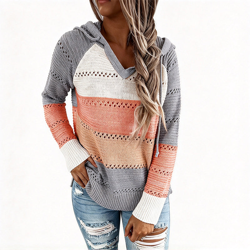 Women's Color Block Hollow-Out Knit Hoodie