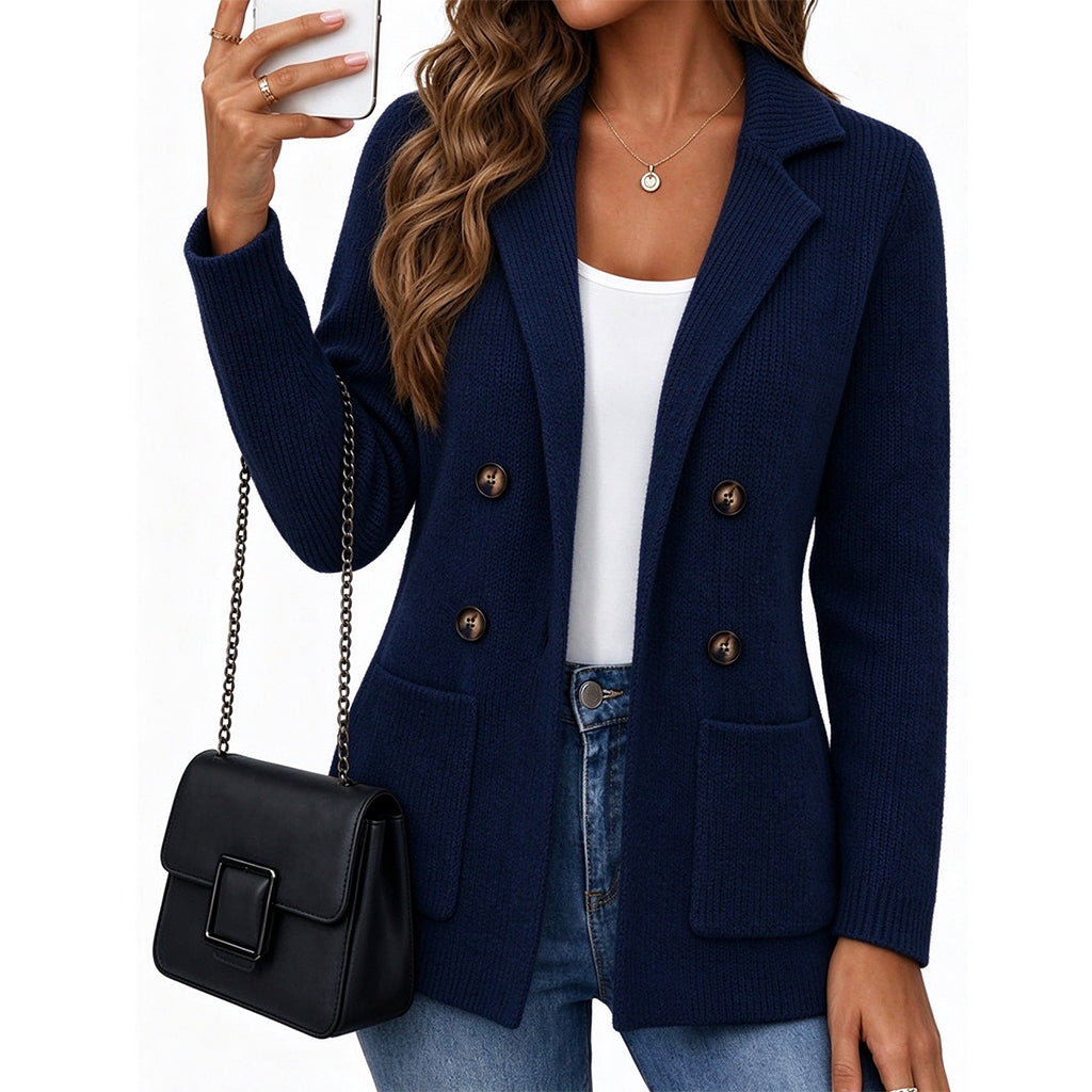 Women's Double-Breasted Ribbed Knit Cardigan with Pockets and Notched Lapel