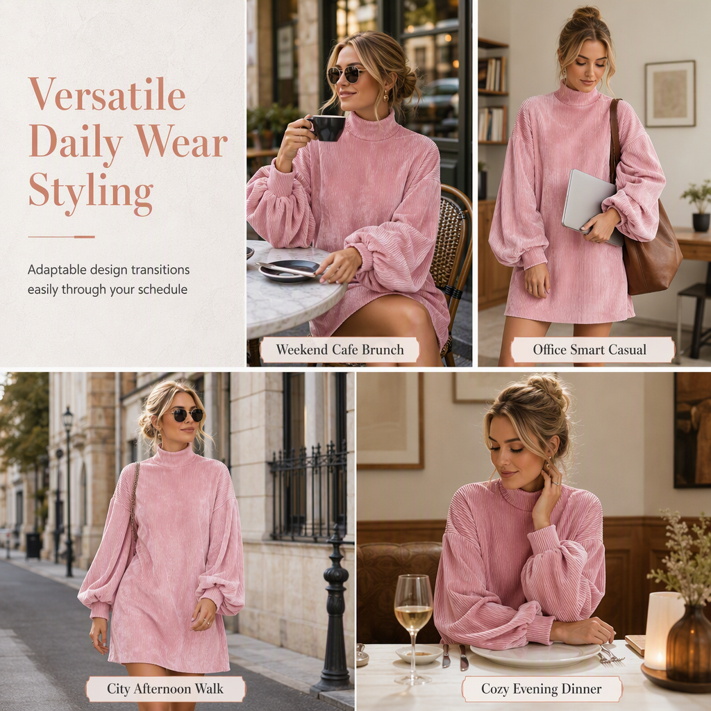 Elegant Women's Loose Fit Autumn Dress with Long Lantern Sleeves