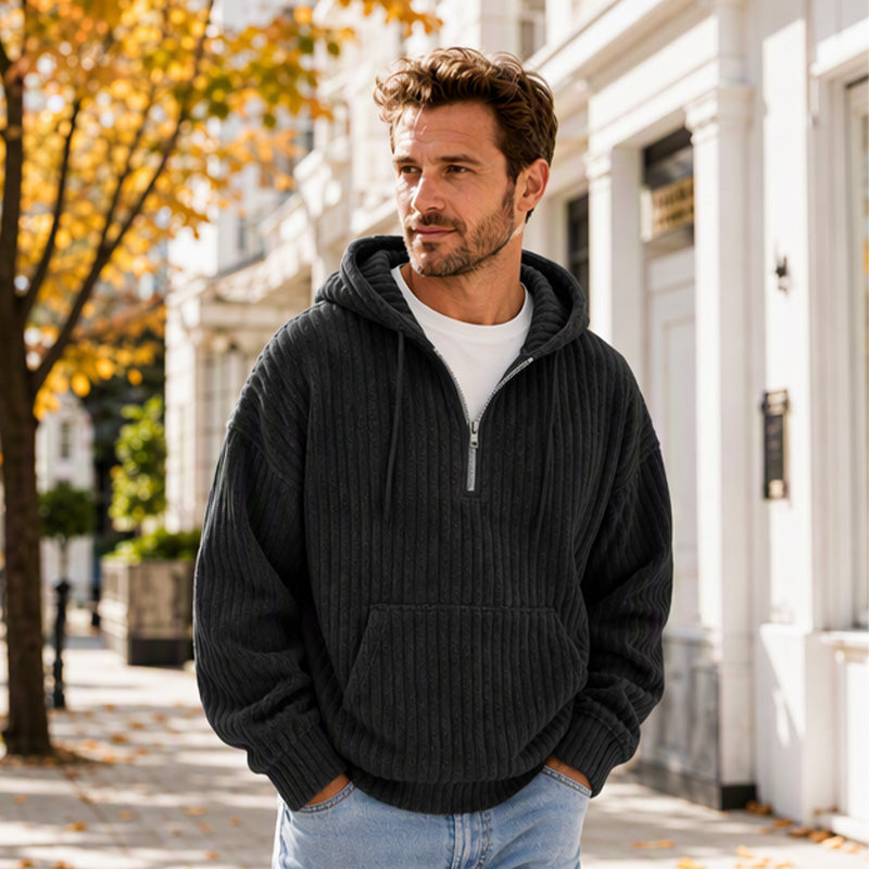 🧶 Men's Half-Zip Corduroy Hoodie | Casual Retro Texture – Easy Layer for Daily Wear ✨