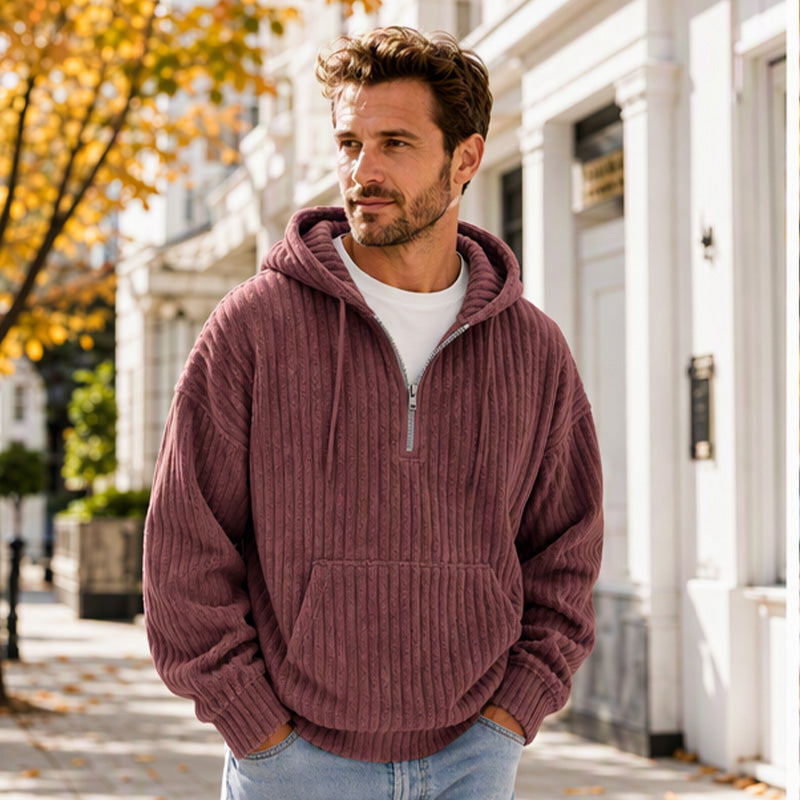 🧶 Men's Half-Zip Corduroy Hoodie | Casual Retro Texture – Easy Layer for Daily Wear ✨