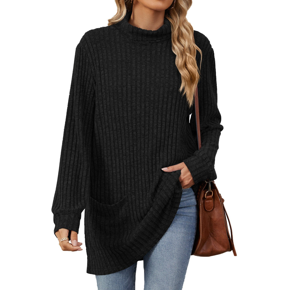 Women’s Loose-Fit Mock Neck Long-Sleeve T-Shirt