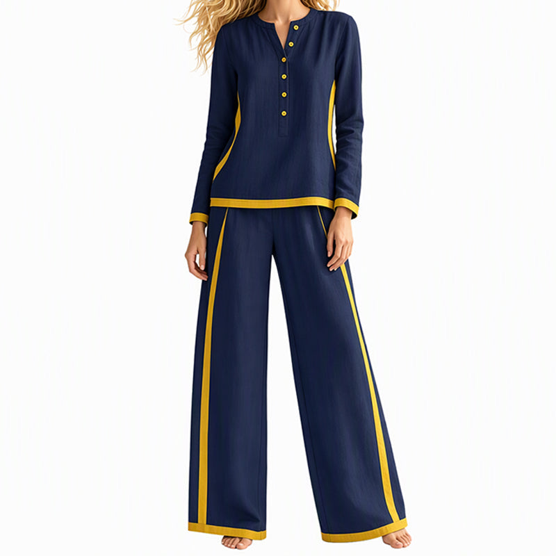 Women's Colorblock Long Sleeve Top & Wide-Leg Pants Set