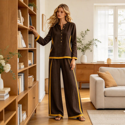 Women's Colorblock Long Sleeve Top & Wide-Leg Pants Set