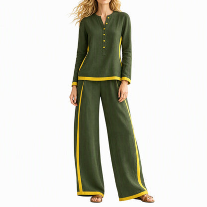 Women's Colorblock Long Sleeve Top & Wide-Leg Pants Set
