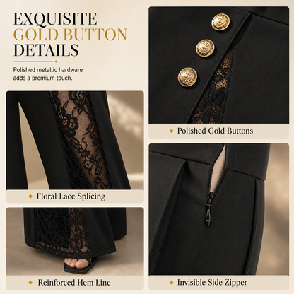 💖Black Friday Mega Deal – 50% off!💖 Women's High Waisted Lace Spliced Wide Leg Trousers with Decorative Gold Buttons