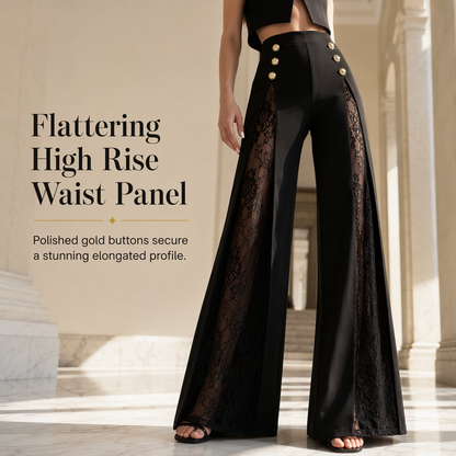 💖Black Friday Mega Deal – 50% off!💖 Women's High Waisted Lace Spliced Wide Leg Trousers with Decorative Gold Buttons