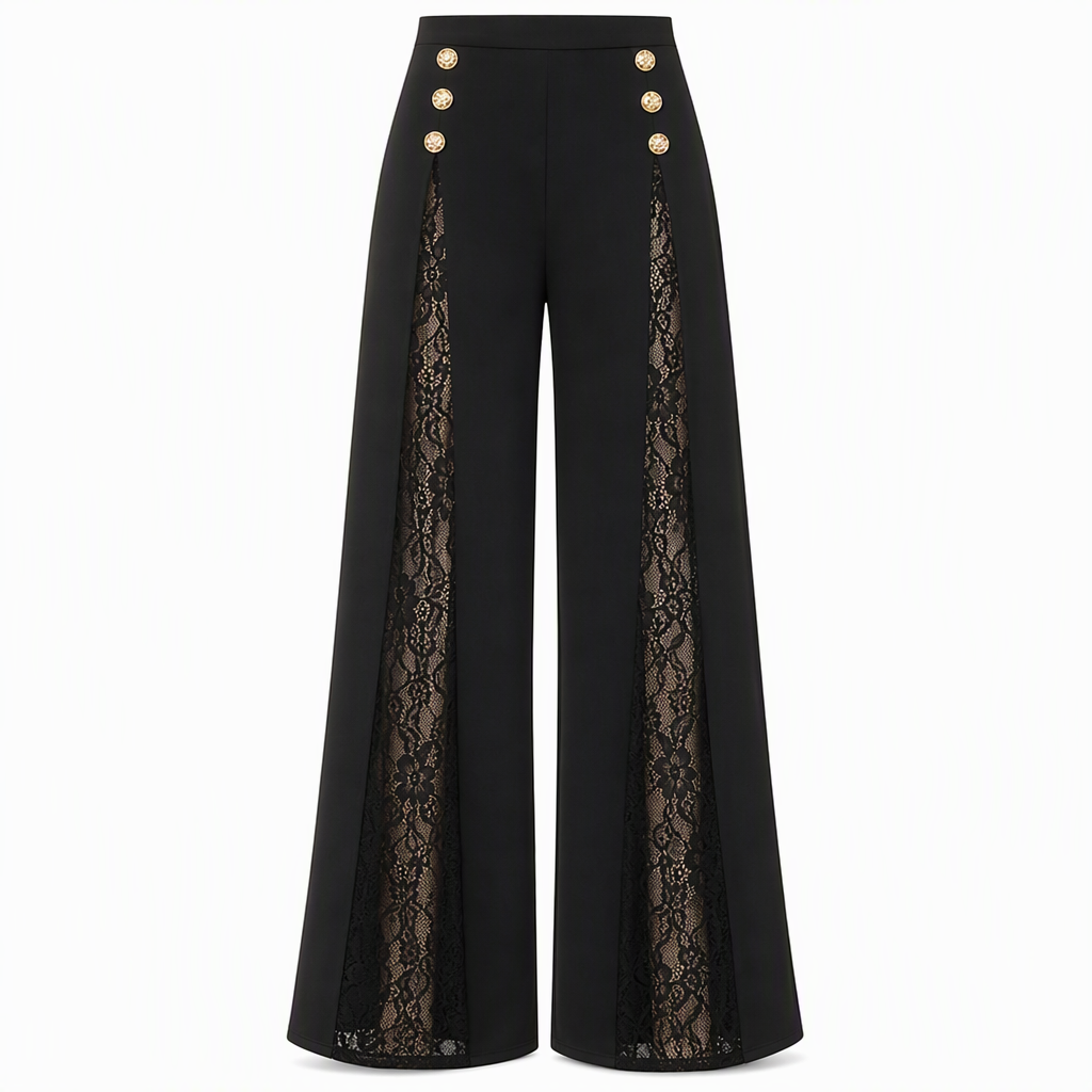 💖Black Friday Mega Deal – 50% off!💖 Women's High Waisted Lace Spliced Wide Leg Trousers with Decorative Gold Buttons