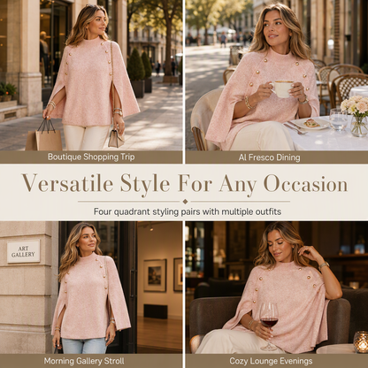Women's Buttoned Knit Cape Poncho Sweater