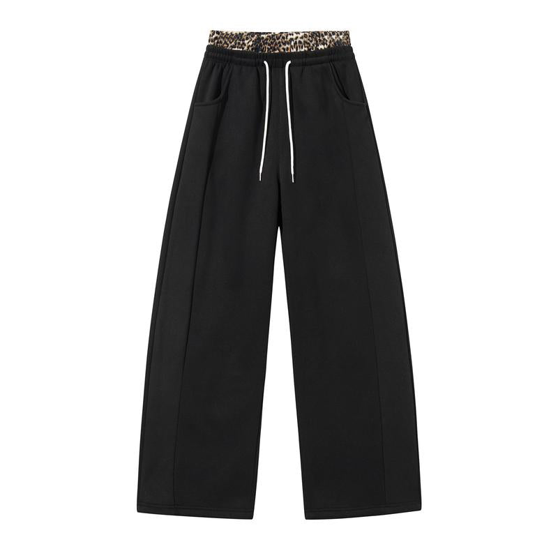 🐆Women’s Contrast Leopard Waistband Wide Leg Sweatpants, Soft Casual Patchwork Trousers👖